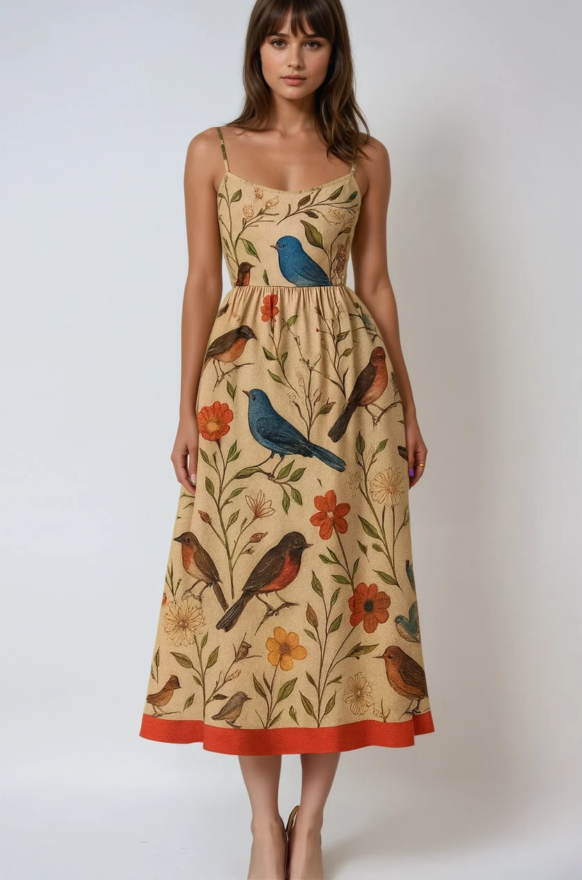 Aviary Midi – Midiklänning med handritat fågelmotiv