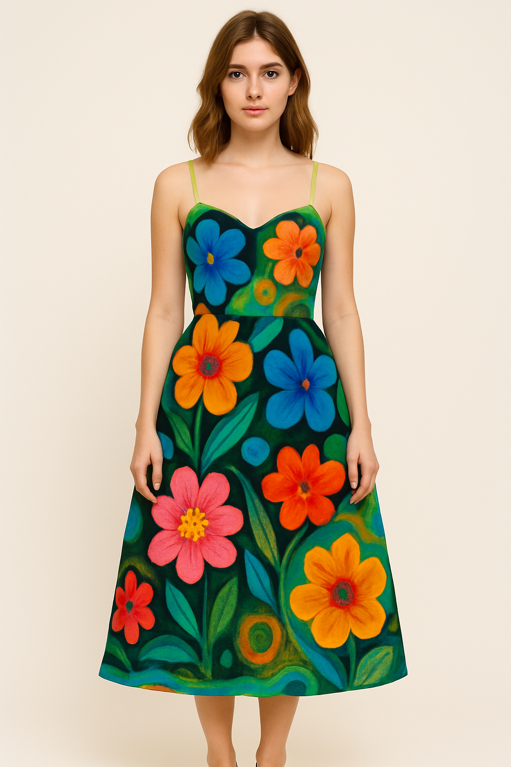 Florencia Pastel Bloom – Midiklänning med konstnärligt blomstertryck