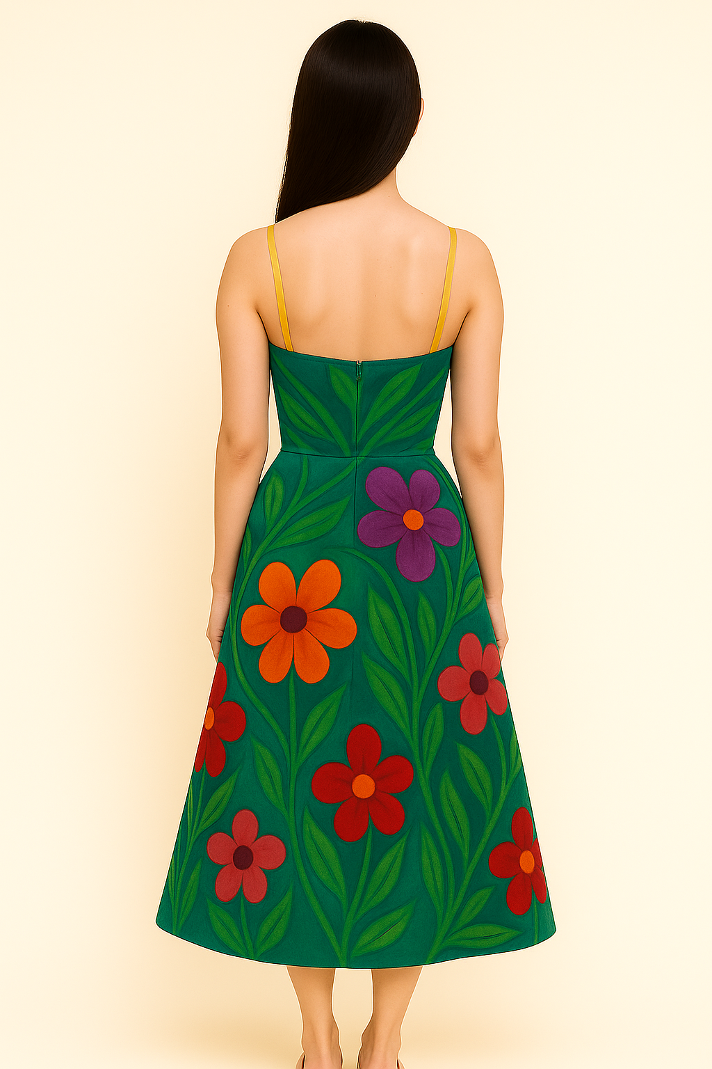 Florencia Pastel Garden – Midiklänning med mjukt handmålat blomstertryck