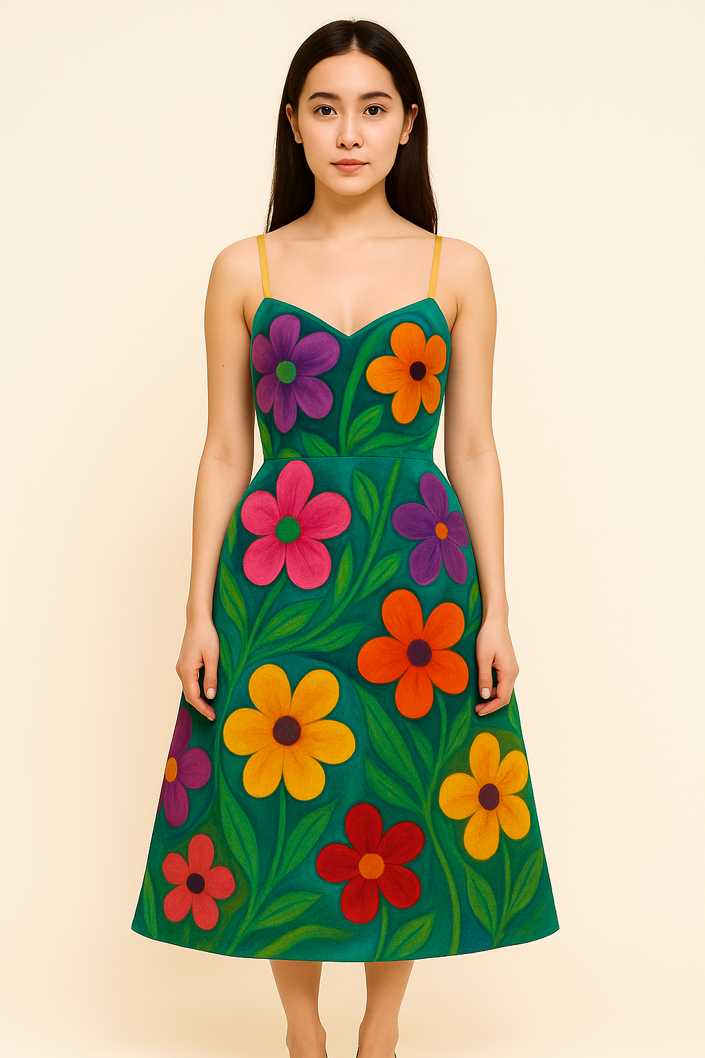 Florencia Pastel Garden – Midiklänning med mjukt handmålat blomstertryck