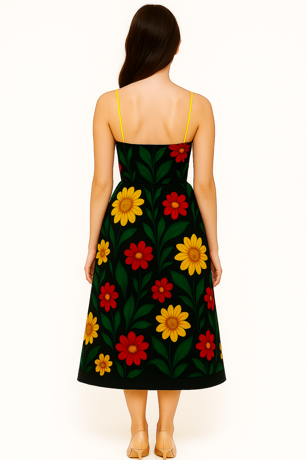 Florencia Sun Garden – Midiklänning med solros- och blomstertryck