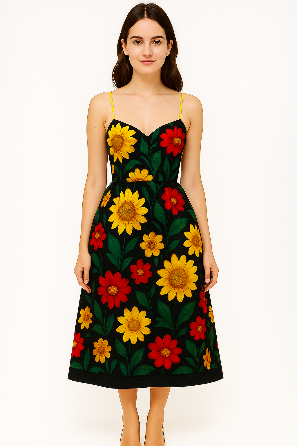 Florencia Sun Garden – Midiklänning med solros- och blomstertryck