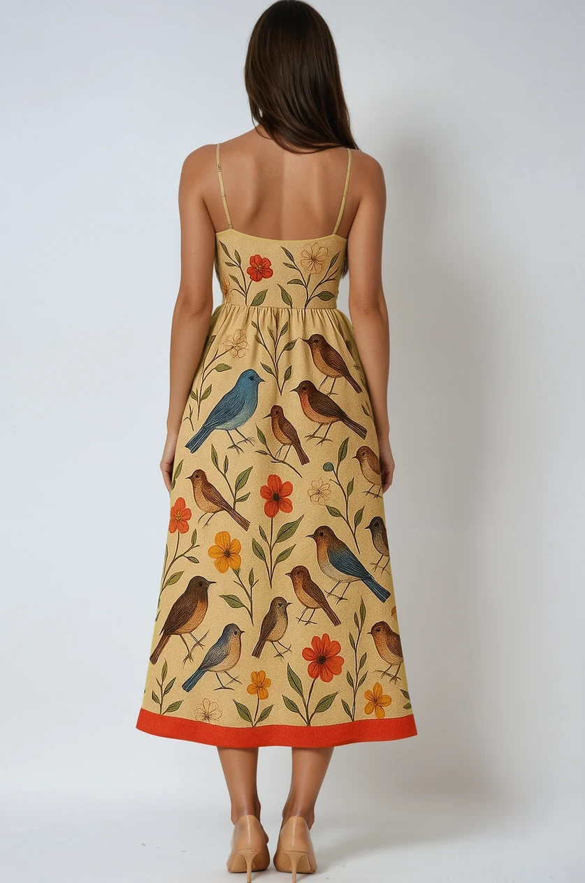 Aviary Midi – Midiklänning med handritat fågelmotiv